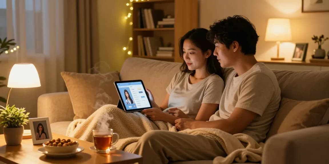 Couple interacting with their girlfriend AI app in a cozy home setting, showcasing warmth and connection.