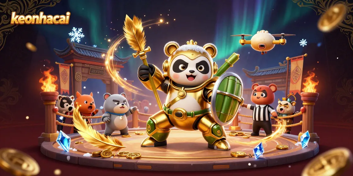 Engage in thrilling keonhacai experiences with an epic 3D panda piloting a bamboo robot in a vibrant casino arena.