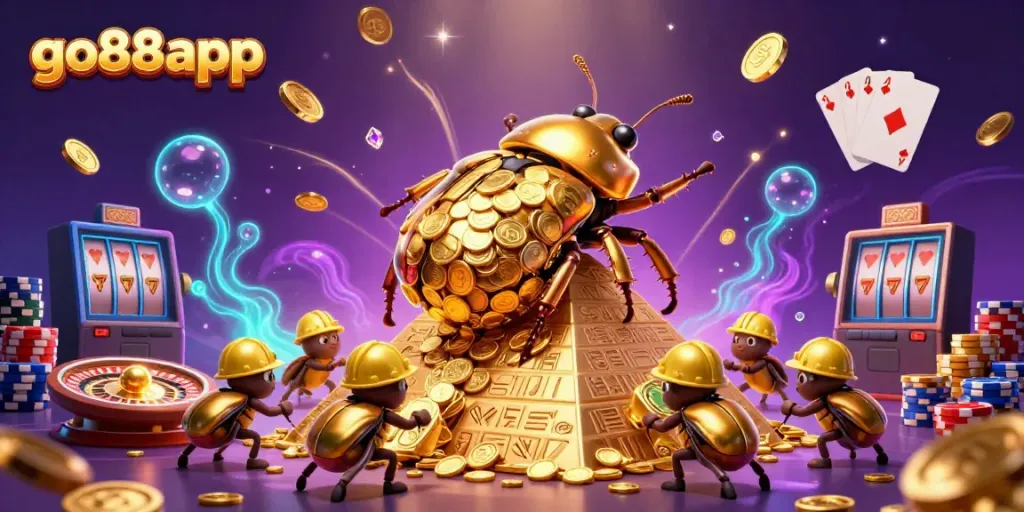 Experience the excitement with go88app as dynamic characters celebrate with golden coins and casino symbols.