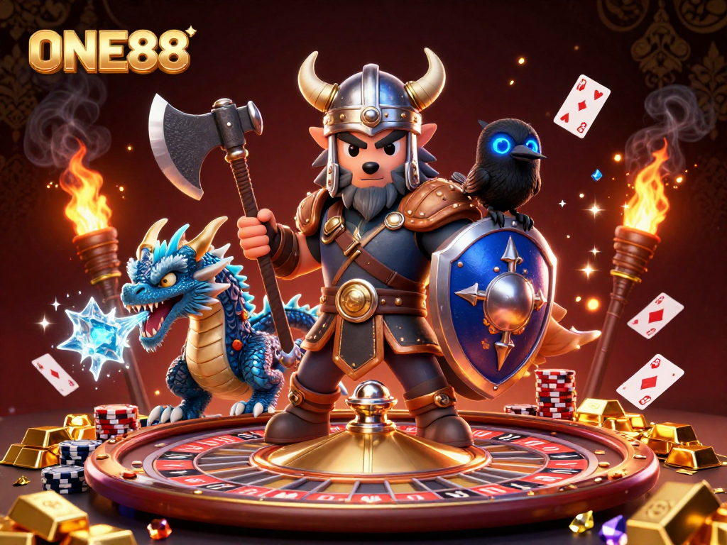 Experience exciting games and jackpots at ONE88, featuring a Viking warrior, dragon, and treasure.