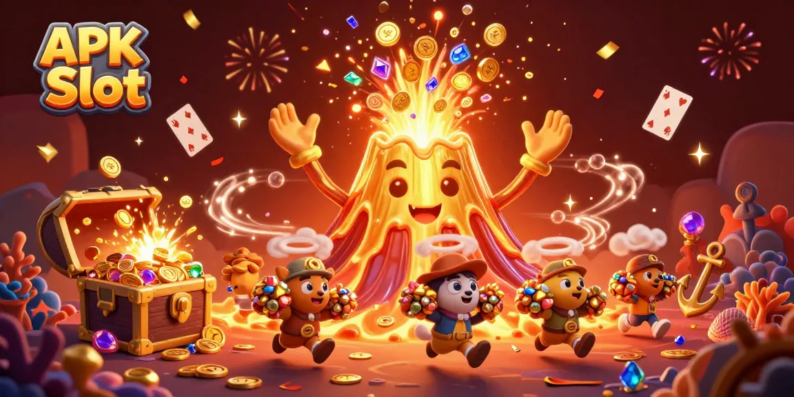 Win big with APK Slot in this exciting 3D casino illustration filled with treasures and vibrant game elements.