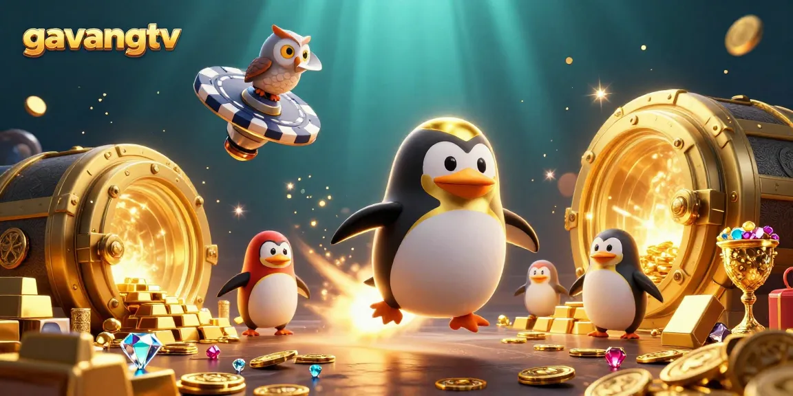 Experience the excitement of gavangtv with a golden penguin and treasures in a vibrant cosmic casino.