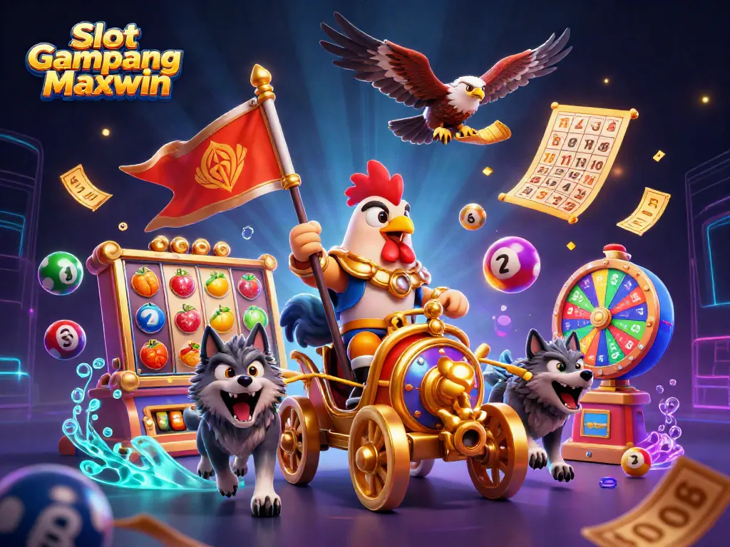 Engage with Slot Gampang Maxwin in a vibrant 3D illustration of exciting casino elements.