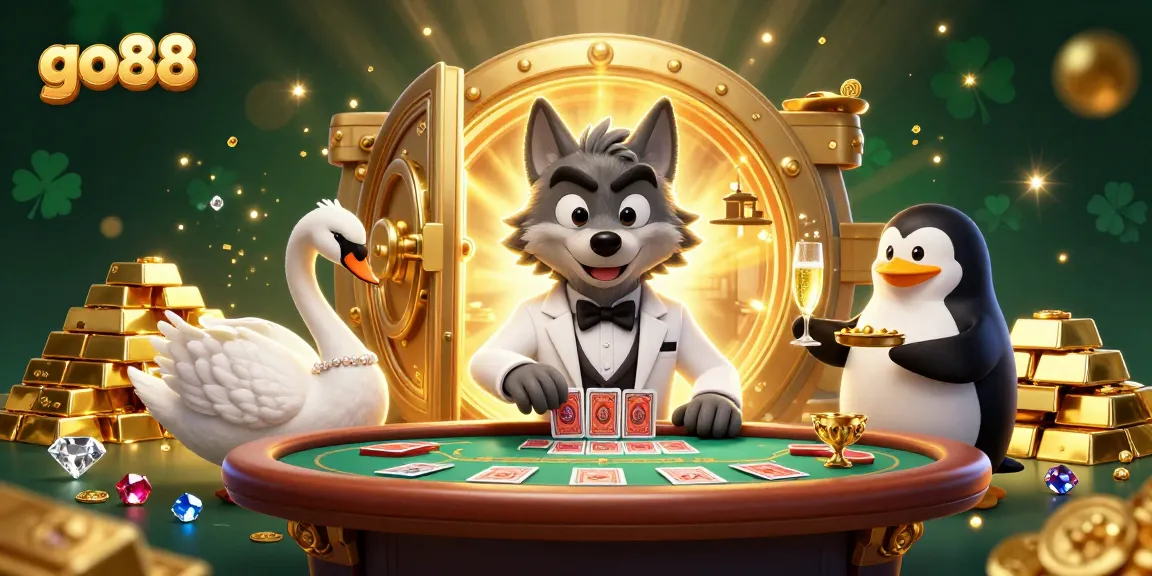 Engage with go88's vibrant 3D casino scene featuring festive characters and treasure elements.
