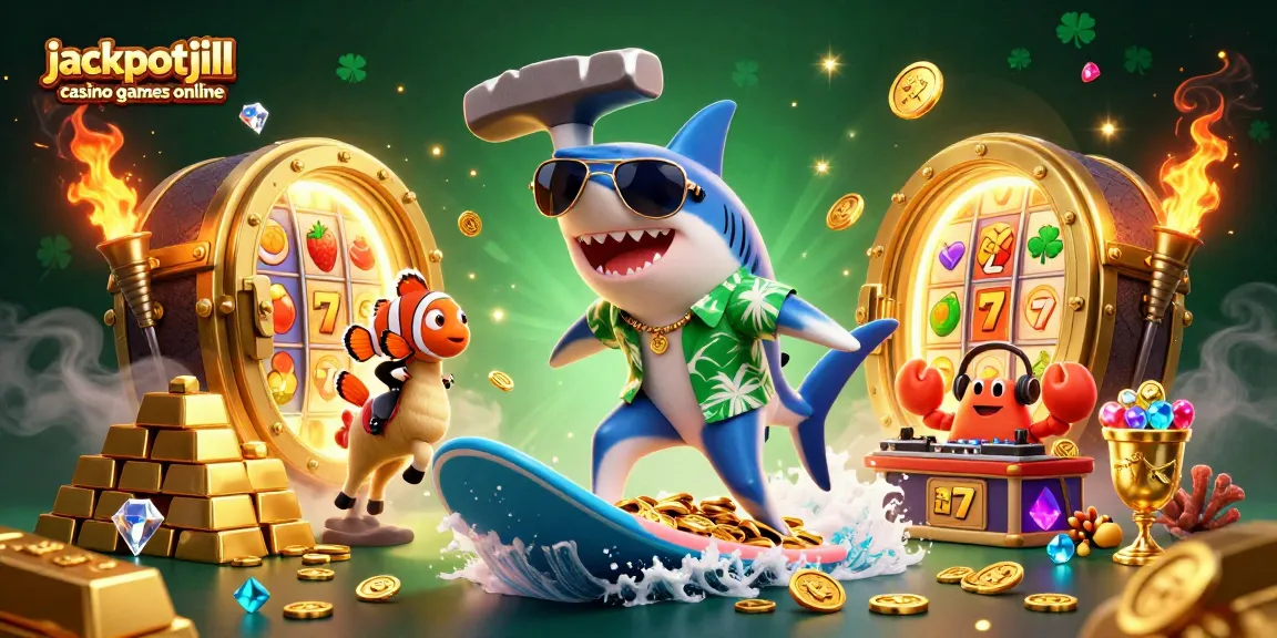Engage in jackpotjill casino games online with 3D-themed characters amid treasures and vibrant casino elements.
