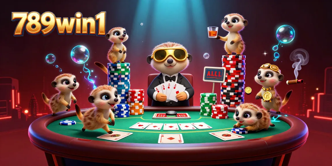 Engage with 789win1 at a lively meerkat casino with poker chips, cards, and more!