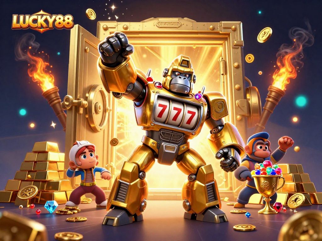 LUCKY88 unleashes a thrilling casino experience with a golden gorilla mech and dynamic treasure elements.