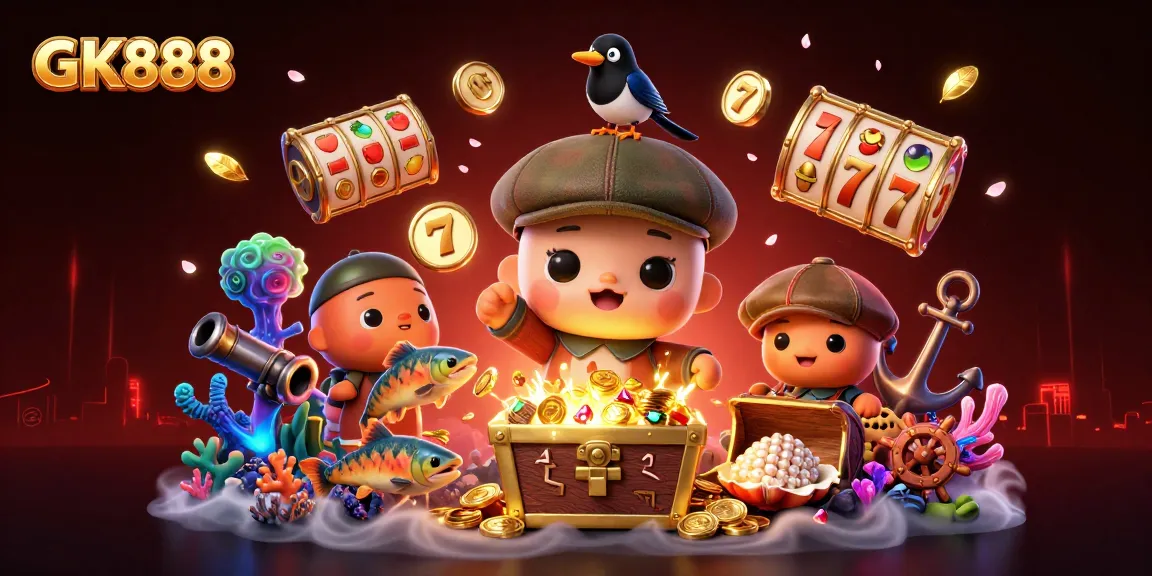 Experience GK888's exciting slots with vibrant characters in a dynamic casino-themed scene.