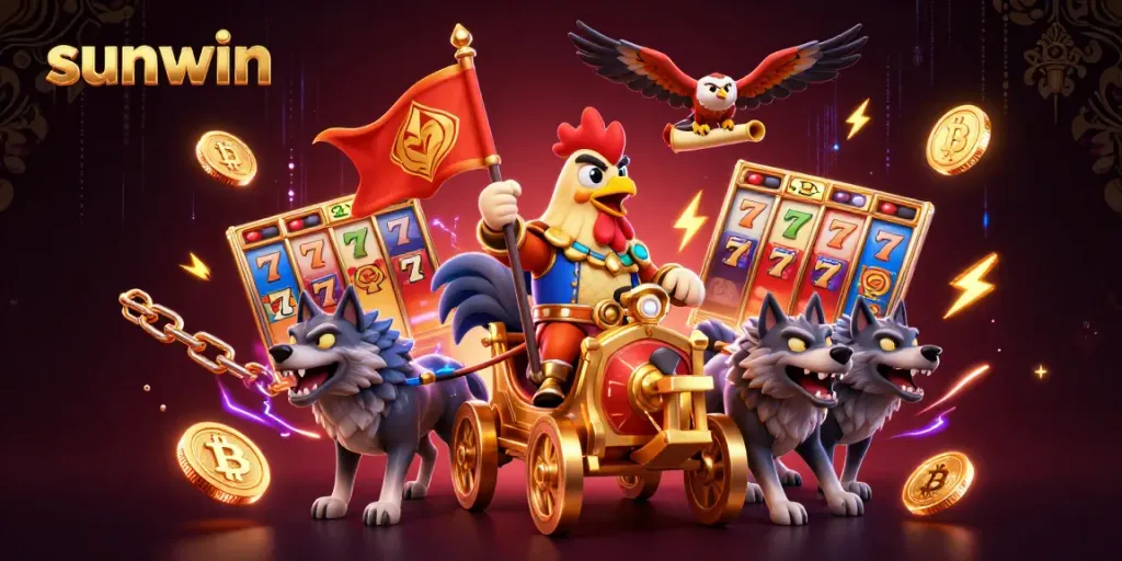 Win thrilling jackpots at sunwin, featuring vibrant slot reels and a cartoon rooster depicted in lavish glory.