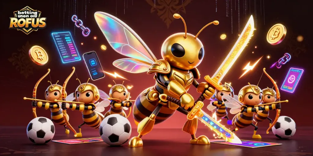 Engage in betting uden om ROFUS with vibrant sports elements and a dynamic golden hornet illustration.