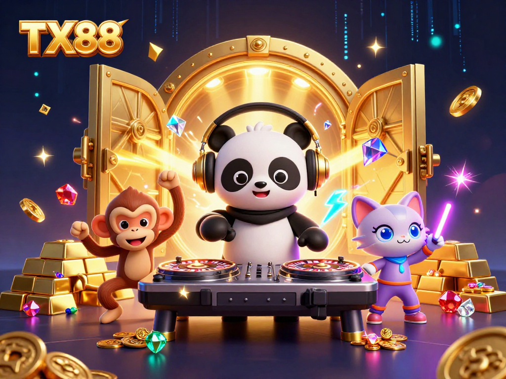 Witness TX88's thrilling carnival atmosphere with a DJ panda and dancing characters amidst dazzling treasures.