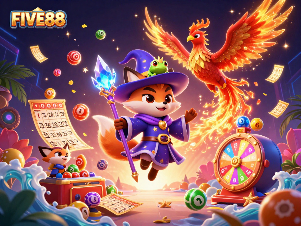 Join the excitement at FIVE88 with a wizard fox, phoenix, and winning lottery elements in this vibrant casino illustration.