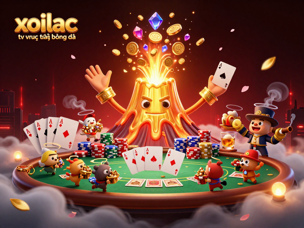 Experience the thrill of xoilac tv trực tiếp bóng đá with a vibrant 3D illustration of a golden volcano erupting treasures.