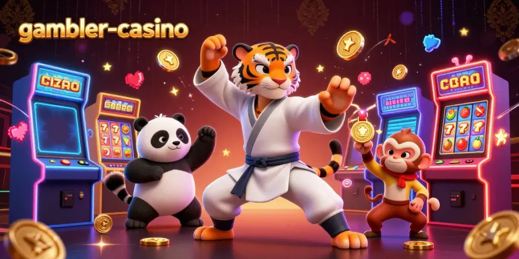 Spela på gambler-casino med en 3D-illustration av en kung fu-tiger, panda och apa i en kasinomiljö.