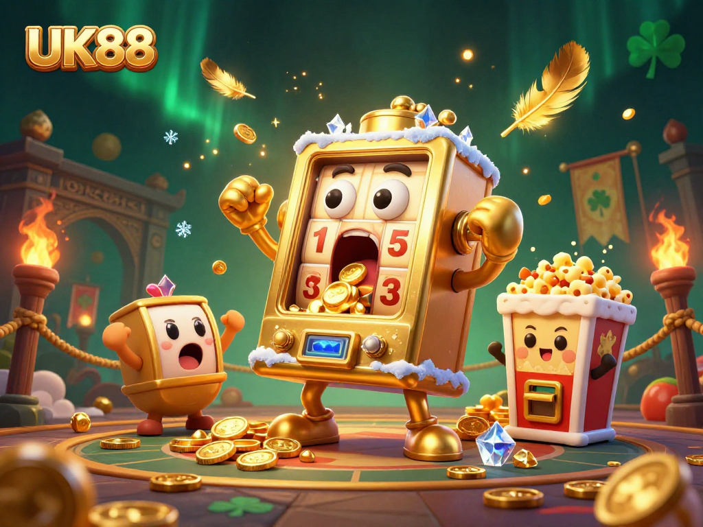 Engage with UK88's thrilling slots as a golden machine wins big in a dynamic casino scene.