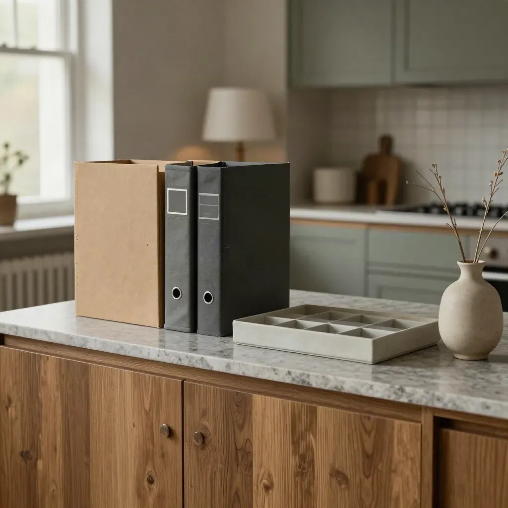 Arkiverade mappar, månadsfack och ljusa kvistar på ett Malmö-sideboard i varmt dagsljus.