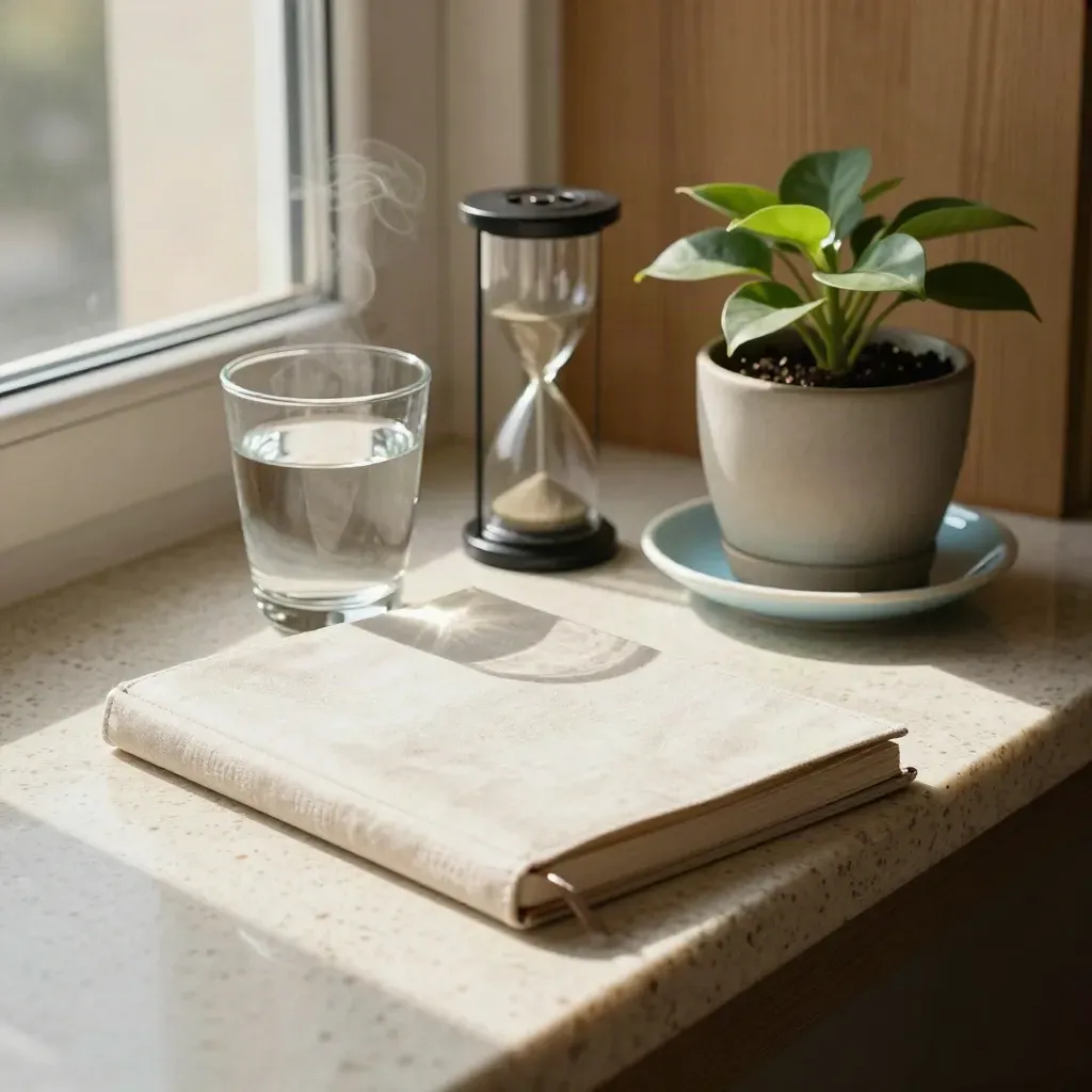En lugn återhämtningshörna med stängd almanacka, vattenglas, timglas och liten planta.