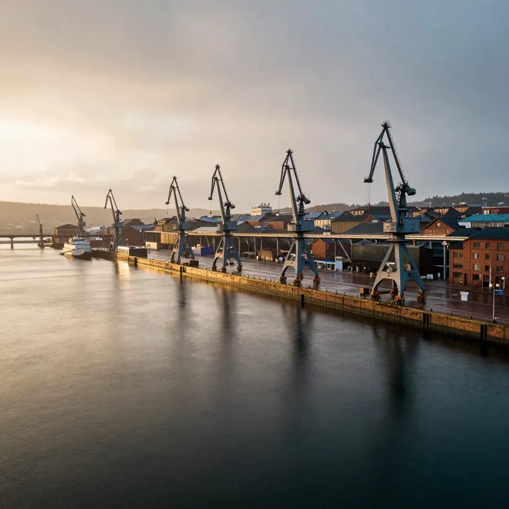 Göteborgs hamnkranar och brolinjer i varm kvällsljus över lugn hamn.