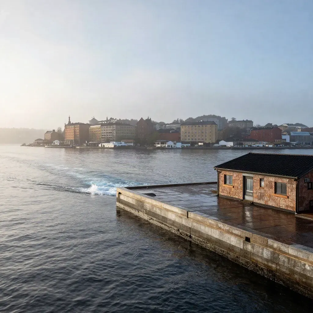 Stockholms kust i gryning med granitkaj, färjor och låg stadssilhuett i dimma.
