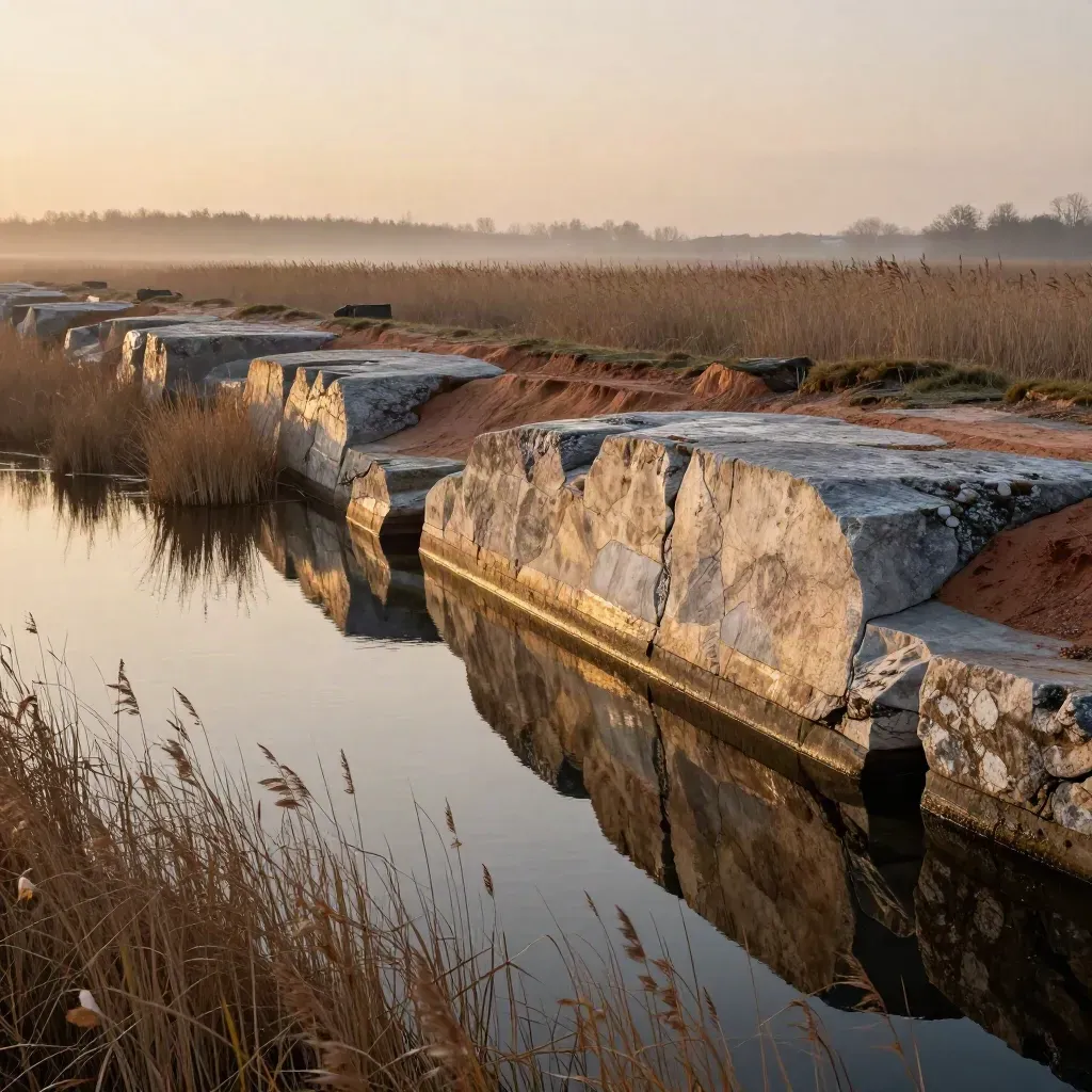 Ljus kalkstensterrass vid stilla kanal i Östergötland med vass och kvällsdimma.
