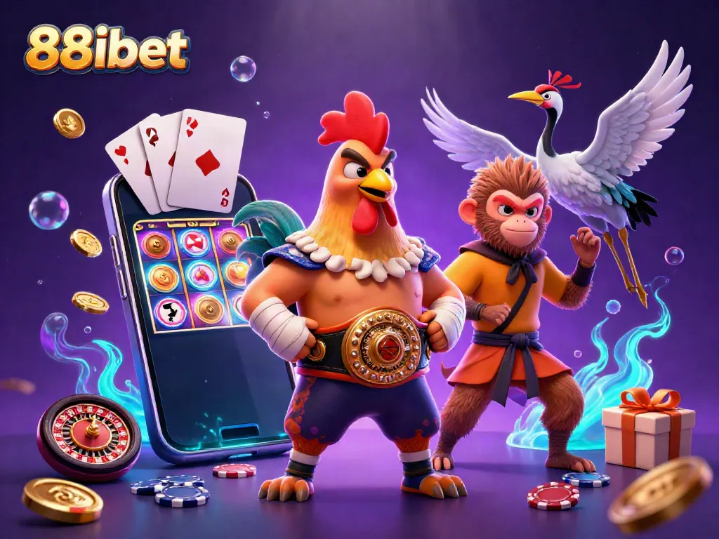 Experience dynamic gaming action at 88ibet with a cartoon rooster, monkey, and crane in a vibrant casino scene.