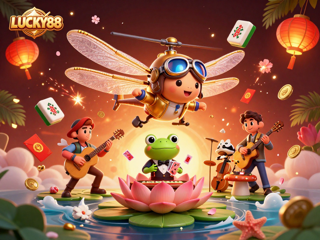 LUCKY88 casino illustration featuring a pilot and a frog croupier, showcasing vibrant gaming excitement.