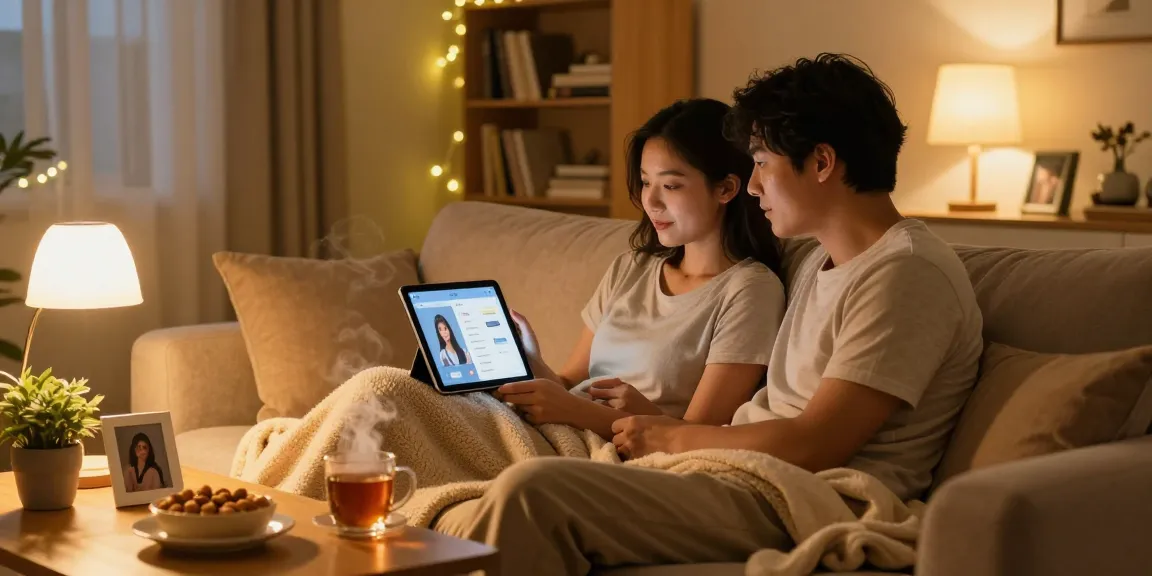 Couple interacting with their girlfriend AI app in a cozy home setting, showcasing warmth and connection.