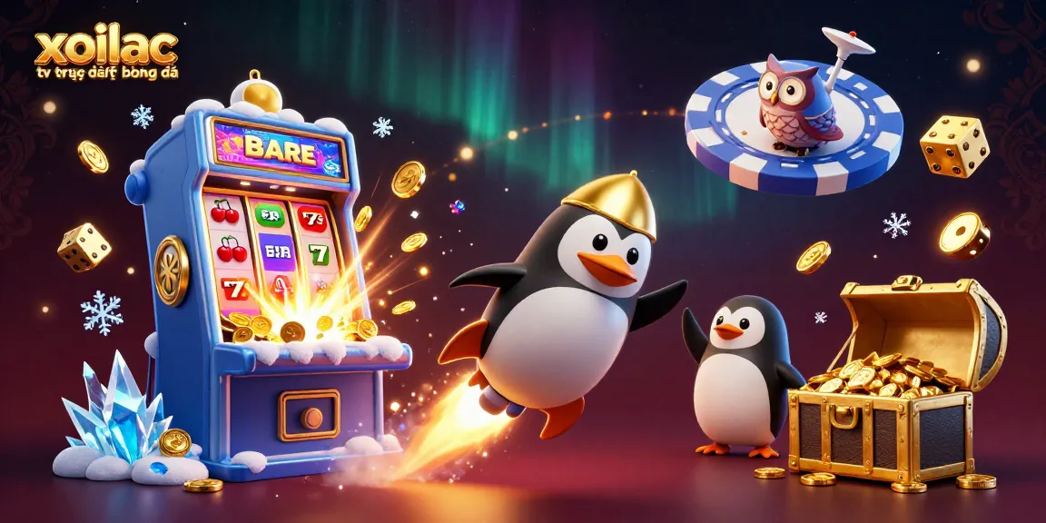 Engage with xoilac tv trực tiếp bóng đá through a dynamic 3D illustration of a golden penguin and casino elements.