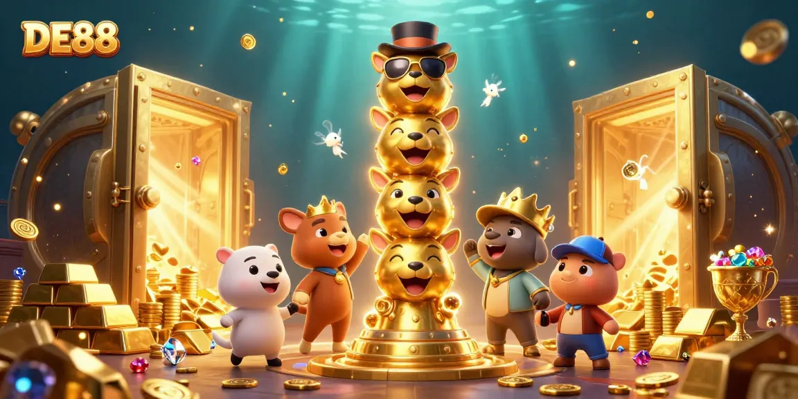 Engage with exciting DE88 casino games featuring unique characters and a treasure-filled scene.