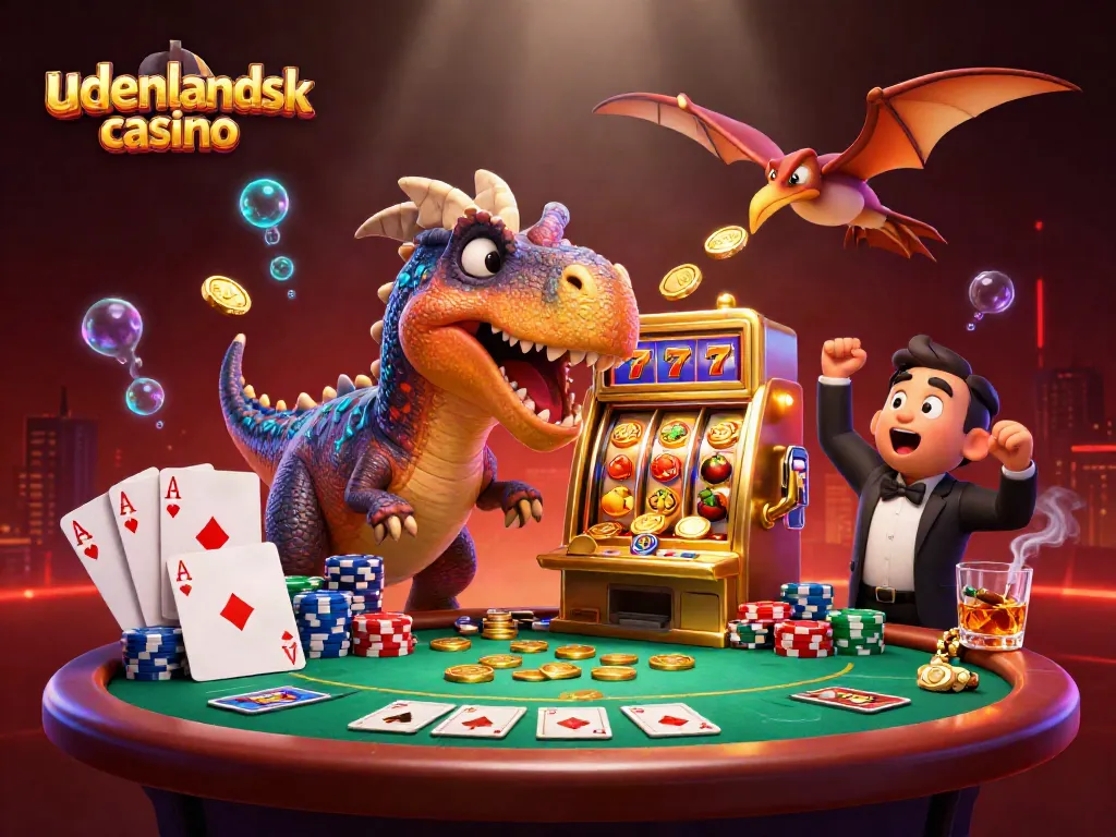 Experience the excitement of udenlandsk casino with vivid 3D dinosaurs and slot machines.