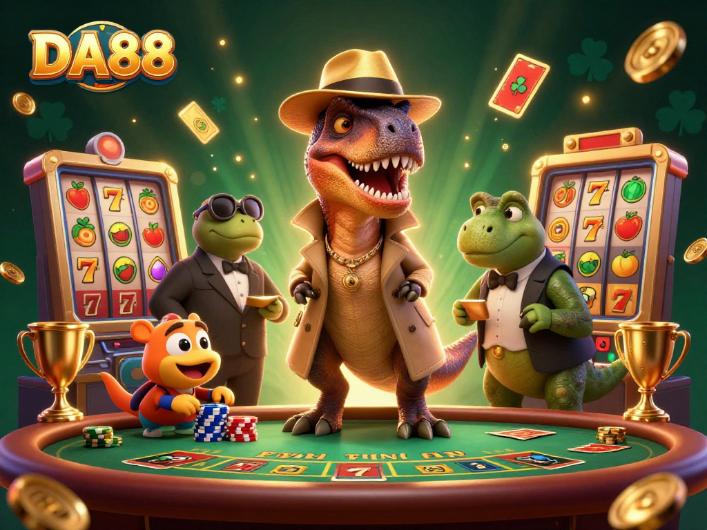 Experience thrilling wins at DA88 with a lively 3D casino scene featuring animated dinosaur characters.