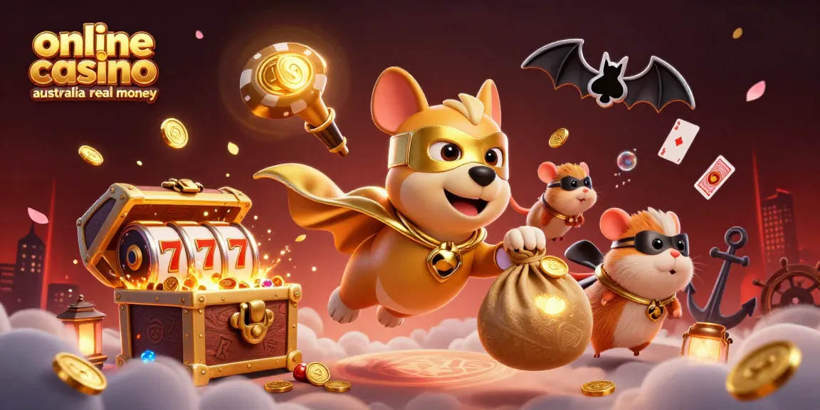 Experience excitement at an online casino Australia real money, with a superhero dog and hamster amidst shimmering treasures.