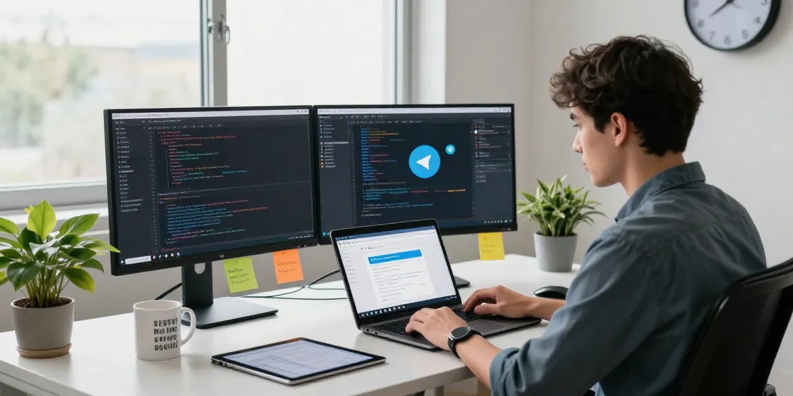 Using the Telegram web version interface on a laptop in a modern workspace.