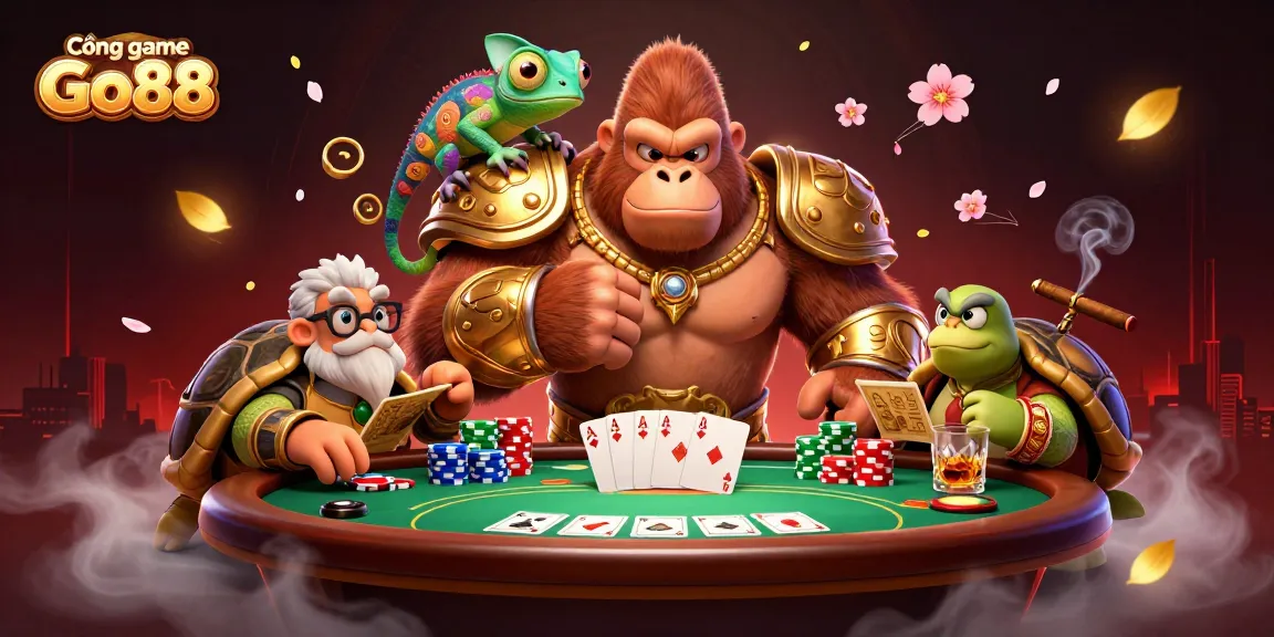 Cổng game Go88 showcases a powerful gorilla king, chameleon spy, and tortoise elder while engaging in an exciting poker scene.
