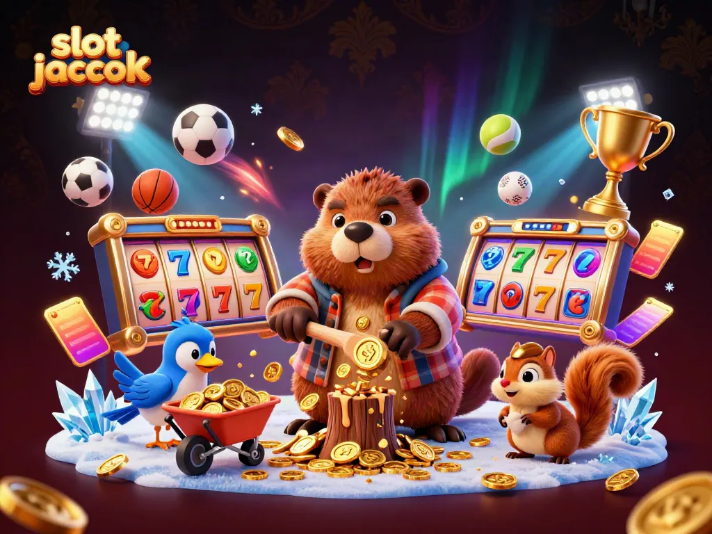 Engage in thrilling gameplay as the lumberjack beaver celebrates a slot jackpot amidst flying coins and sports elements.