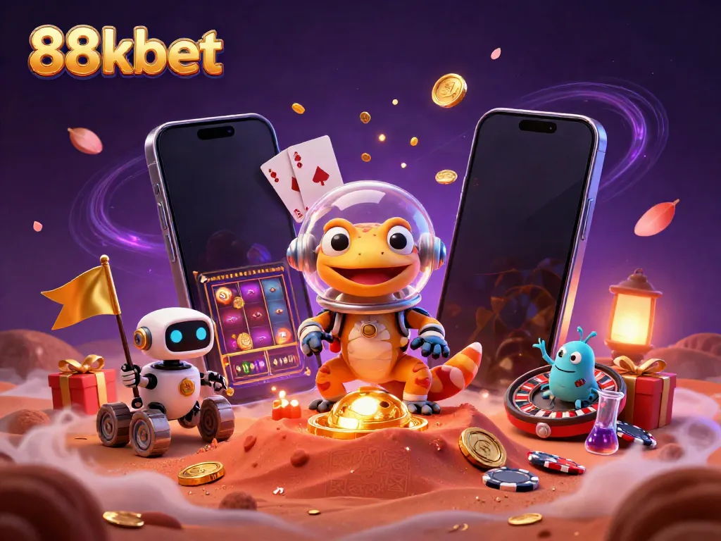 Engage with thrilling casino action at 88kbet in this vibrant 3D illustration featuring a Martian gecko.