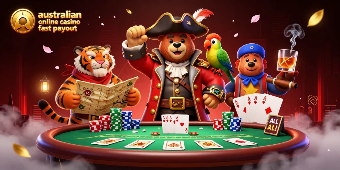 Celebrate winnings at Australian online casino fast payout with 3D pirate bear and friends around poker.