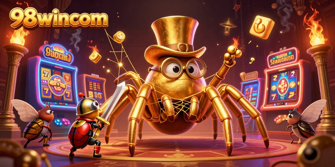 Engage in thrilling slots at 98wincom with a vibrant 3D illustration of a casino scene.